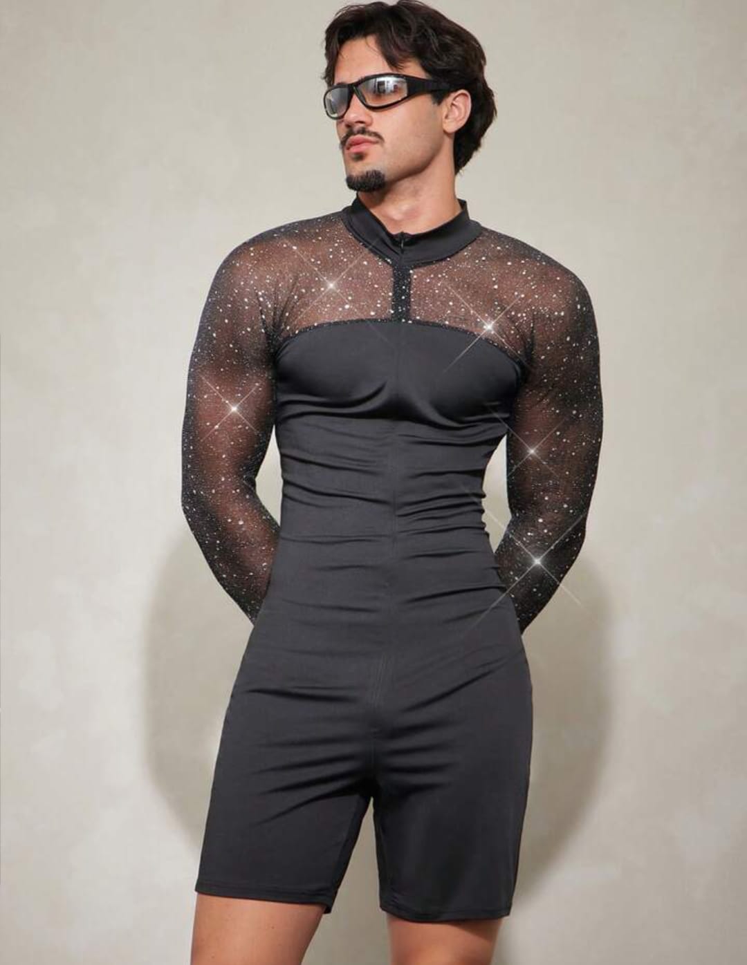 Men's Glitter Mesh Panel Bodycon Romper Jumpsuit for Party & Stage Wear